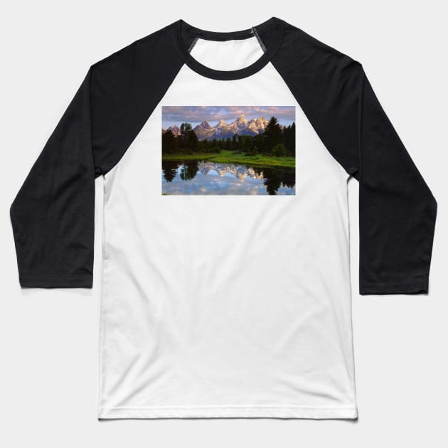 Teton Range And Its Reflection In Snake River Grand Teton National Park Baseball T-Shirt by HammiltenJohn